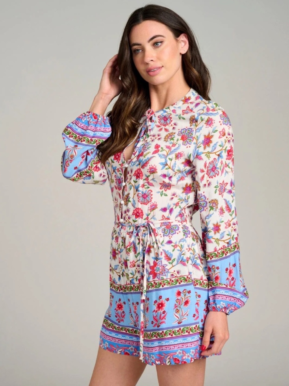 "Available" Women's Long Sleeve Button Up Front Pockets Floral Romper - Picture 3 of 11